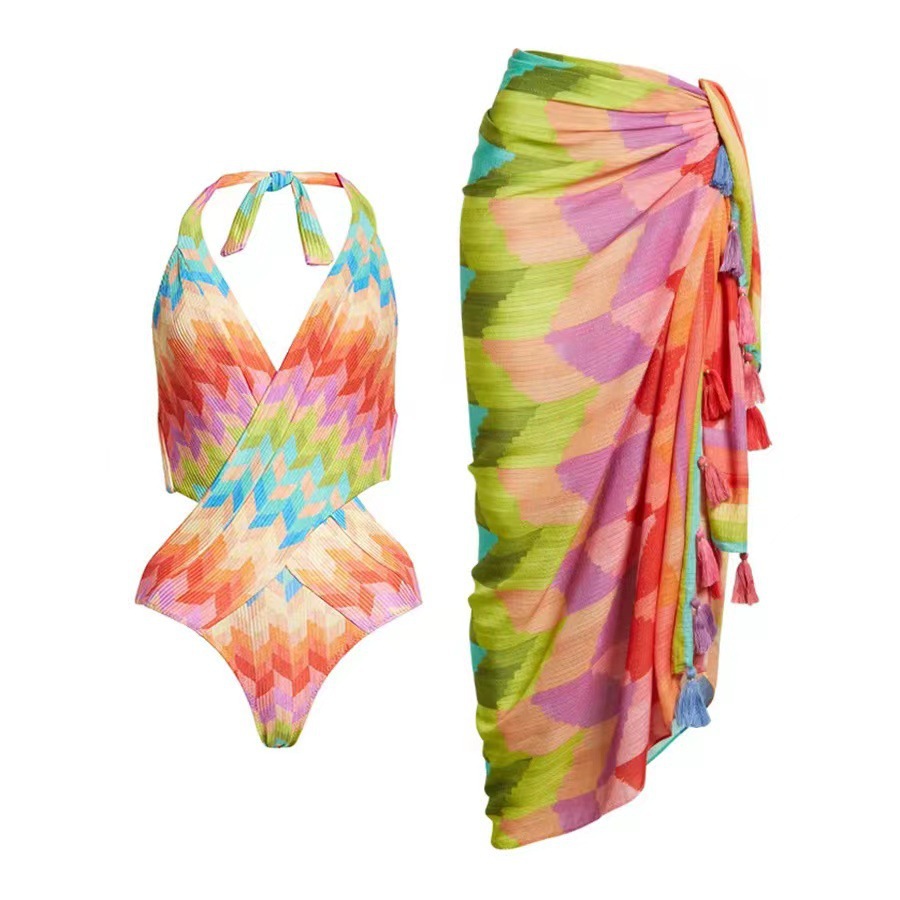 2023 new European and American one-piece sexy bikini with belly covering beach bikini gauze skirt set, cross-border swimsuit for foreign trade