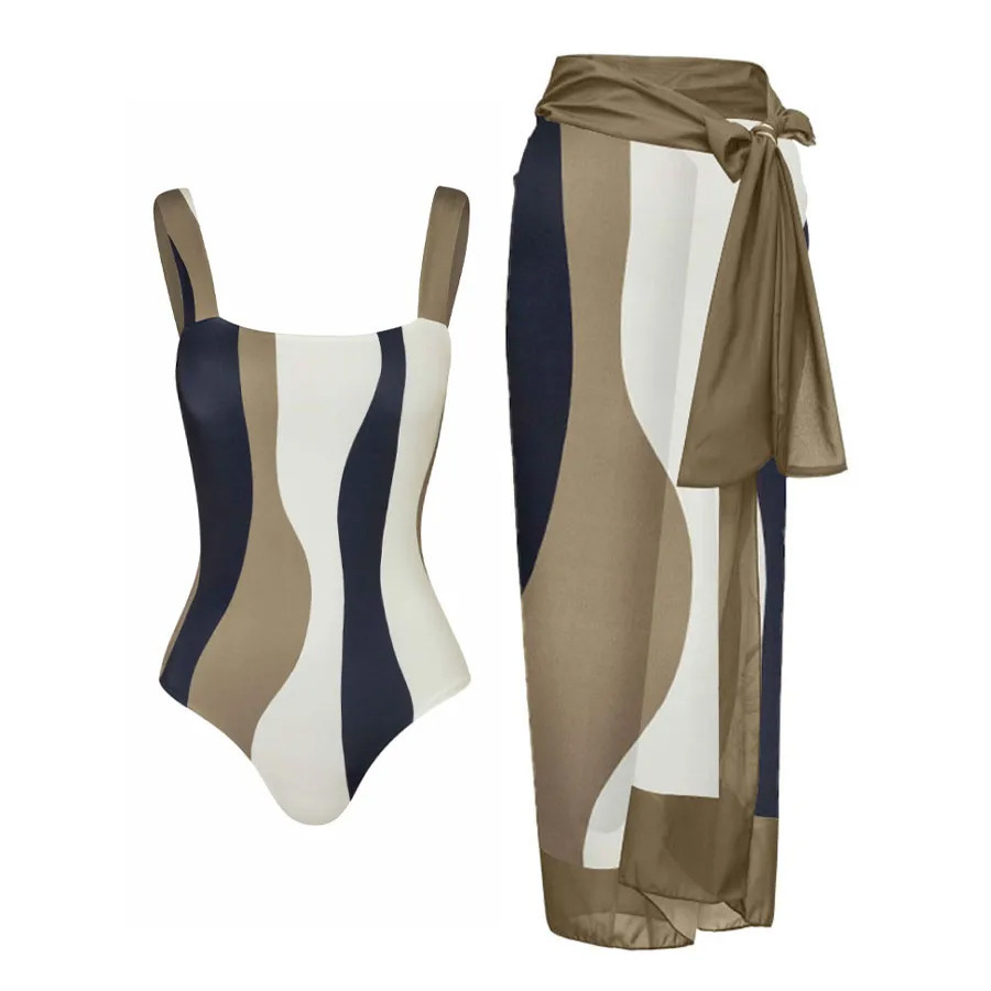 2024 European and American new one-piece bikini swimsuit women's conservative sunscreen gauze skirt beach vacation hot spring swimsuit set
