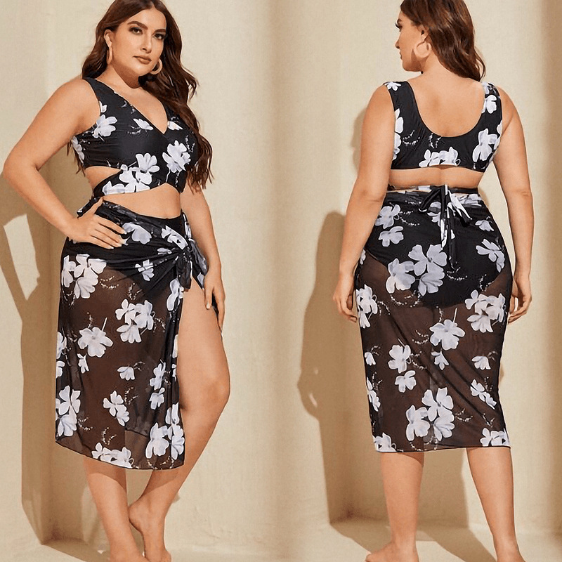 2022 Cross border Exclusive Three Piece Swimsuit Set Amazon Digital Printed High Waist Low Chest Skirt Large Size Swimsuit for Women