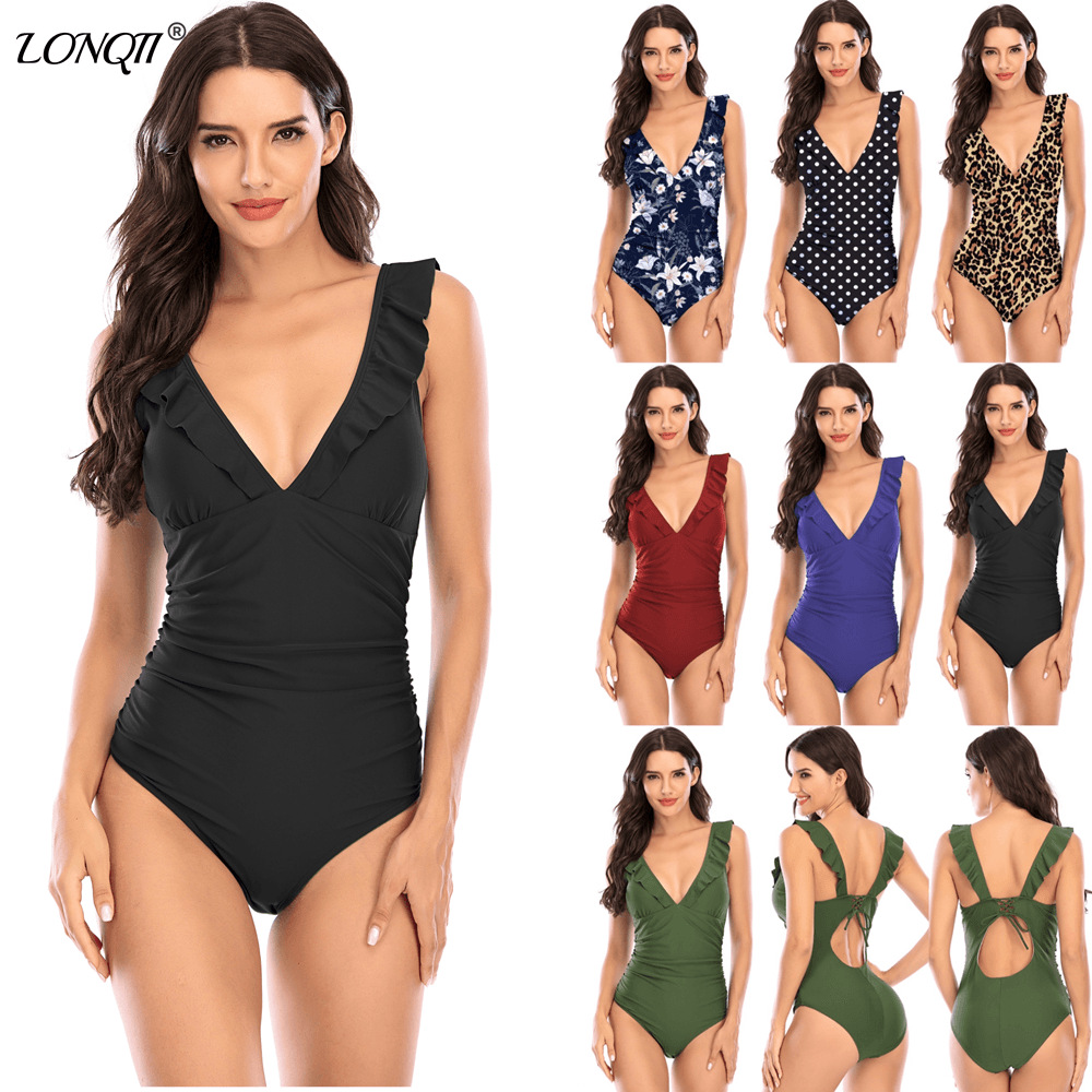 New Cross border Foreign Trade Bikini Amazon Solid Color Flyedge Cover for Waist and Slimming, One piece Conservative Swimsuit for Women, Bikini