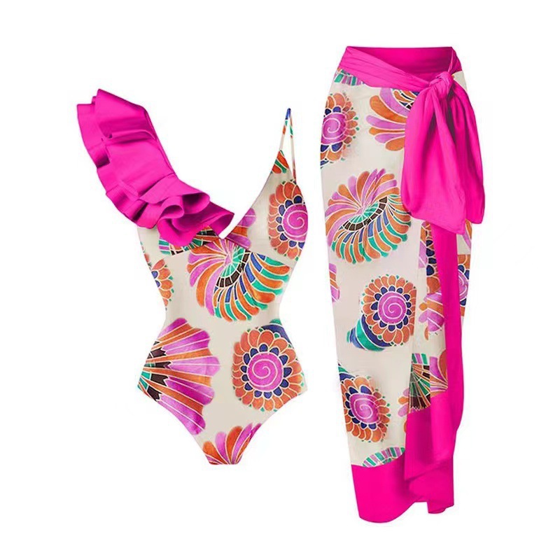 2023 new European and American French retro printed one-piece swimsuit for women's hot spring vacation beach skirt two-piece set swimsuit
