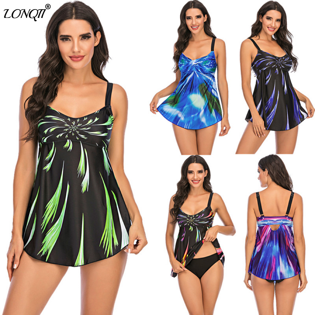 2022 European and American Cross border Bikini Amazon New Fireworks Gradient Color Printed Skirt Large Split Swimsuit for Women
