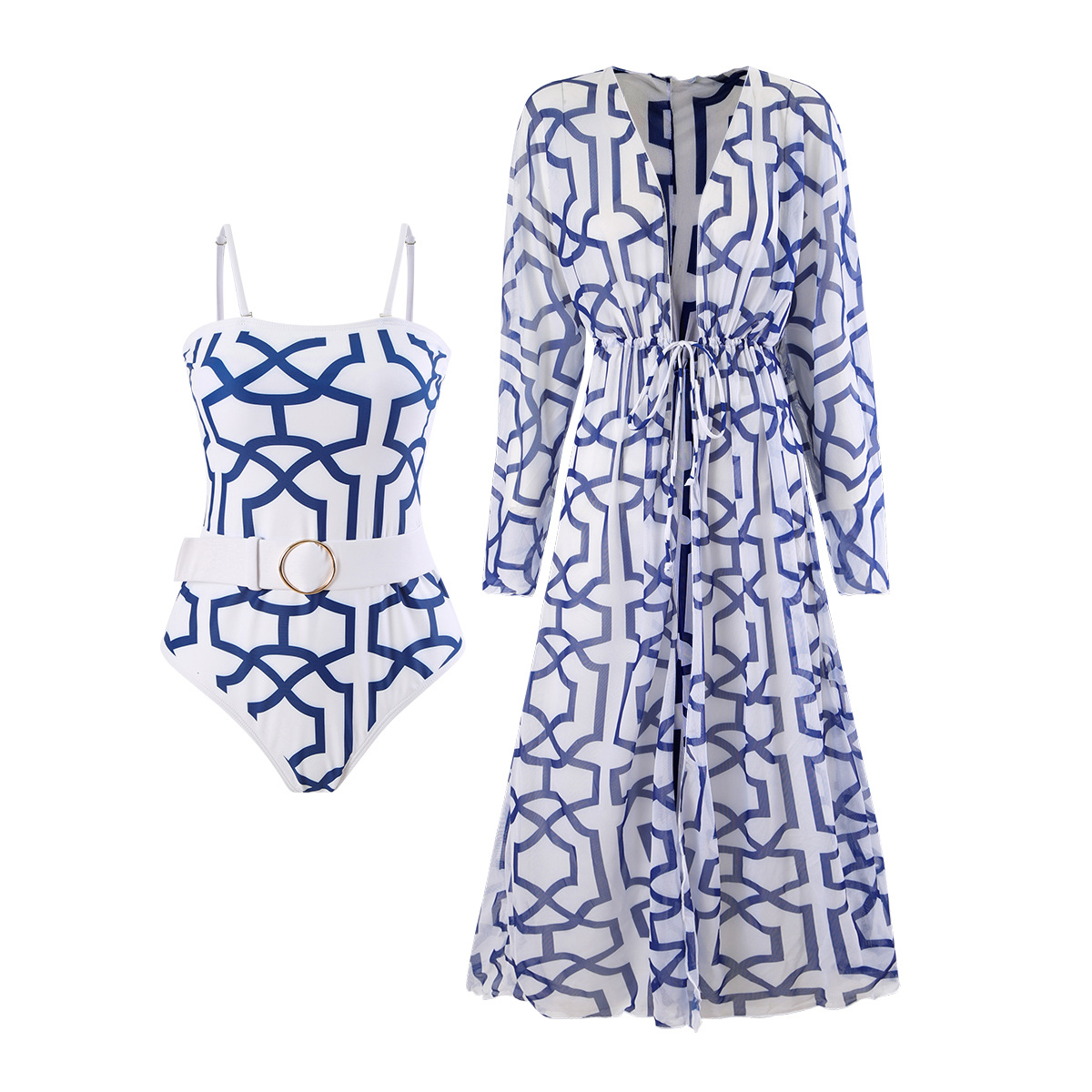 Langqi 2024 European and American Foreign Trade New Two piece Swimsuit Digital Printing Waist Belt Oversized Hoodie Swimsuit Women