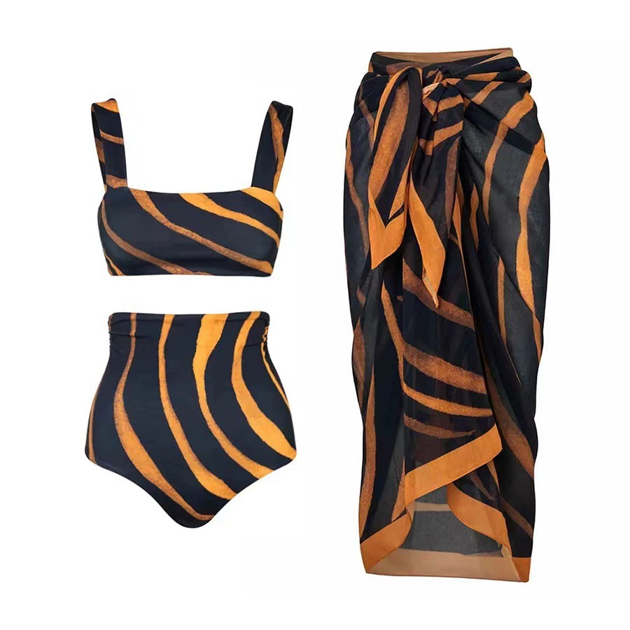 2024 Foreign Trade New Beach Sunscreen Skirt Set Amazon Lazada French Retro Mesh Printed Swimsuit