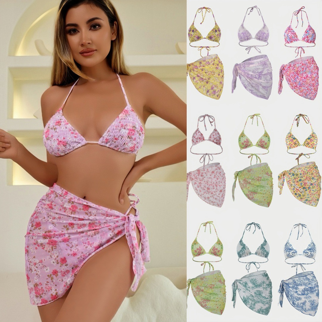 2024 European and American printed bikini three piece set cross-border Lazada gauze skirt split sexy vacation bikini swimsuit