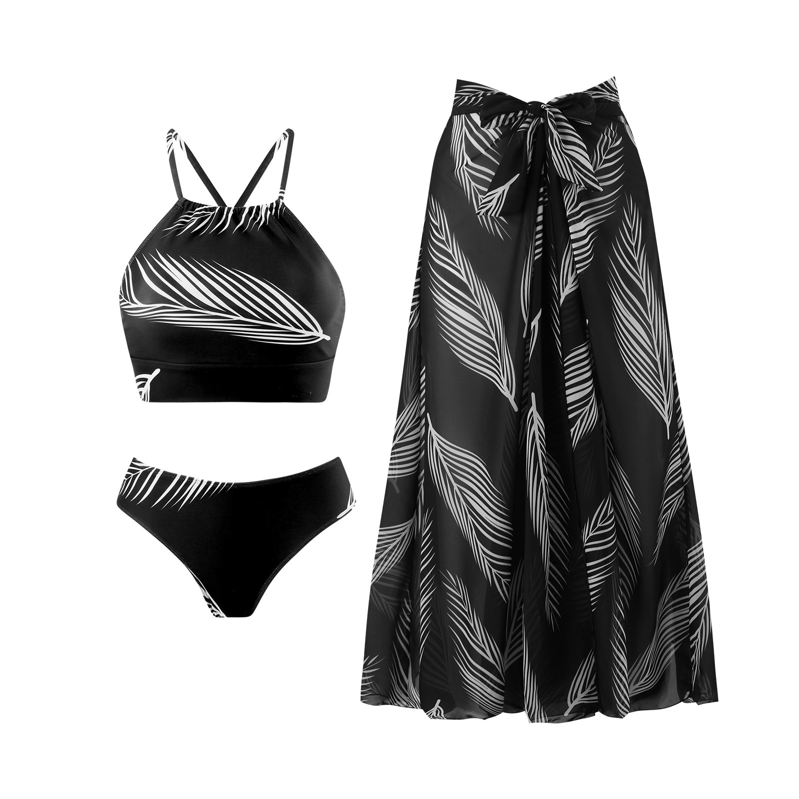 2025 European and American New Split Three piece Skirt Style Strap Sunscreen Swimsuit Amazon Feather Printed Women's Swimsuit