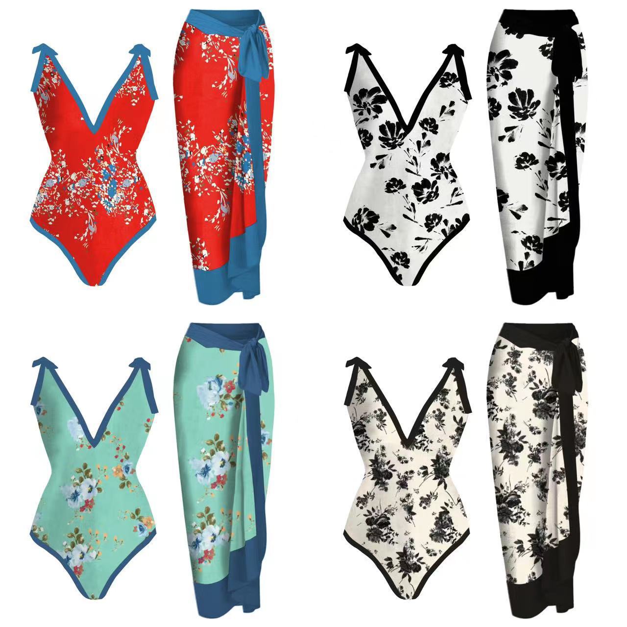 2024 New Women's Swimsuit Elegant Printed Splicing Color Contrasting Beach Sunscreen Skirt Sexy Lace Two Piece Set Swimsuit