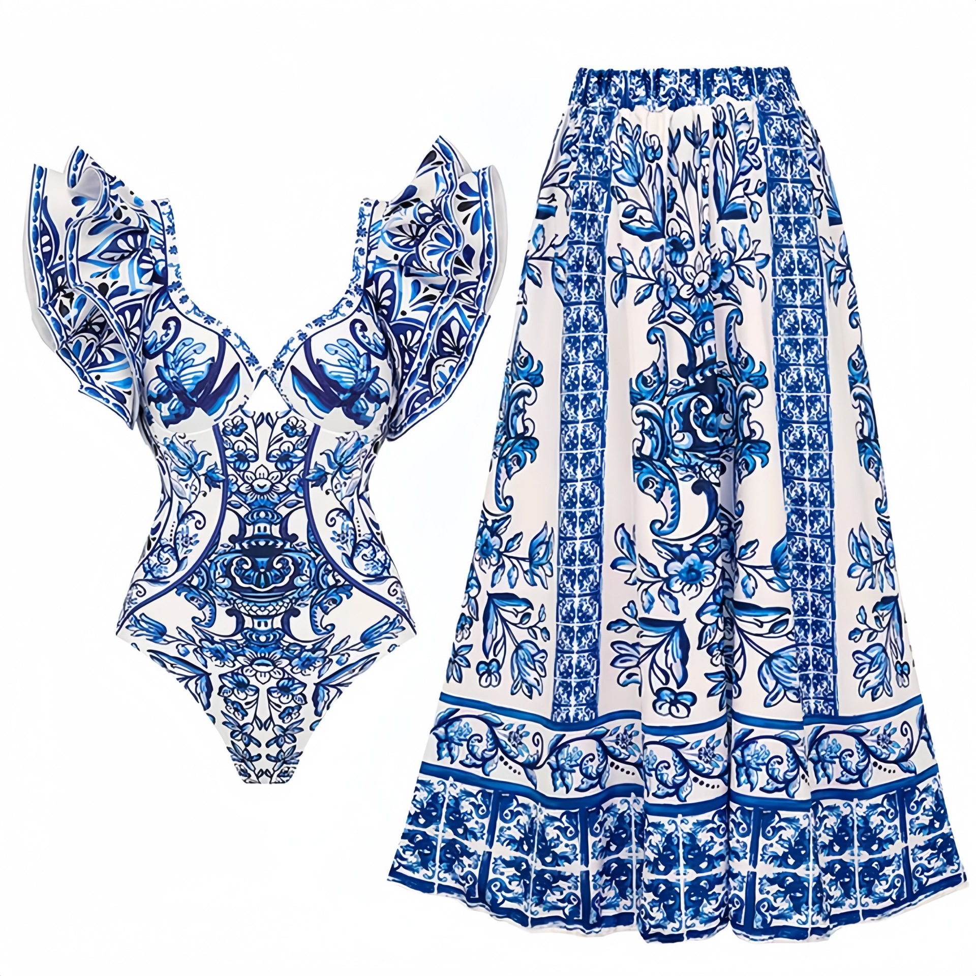 2025 Cross border Exclusive New Women's Sunscreen Swimsuit Amazon AliExpress Yarn Skirt Printed Swimsuit Women's Bikini