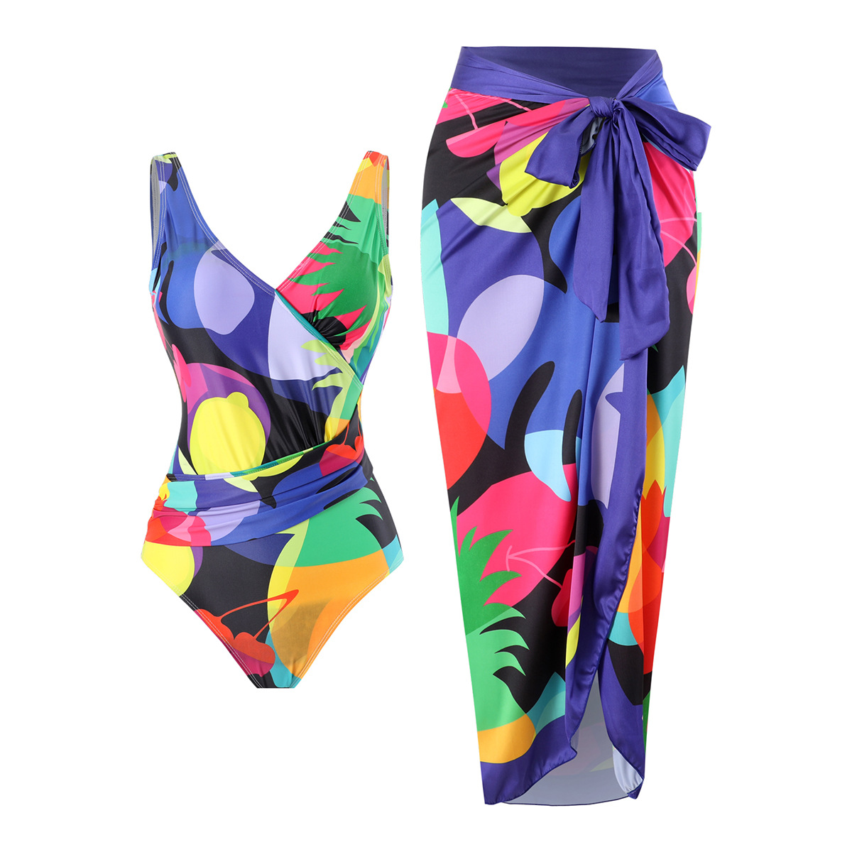 Langqi 2024 foreign trade new women's one-piece swimsuit with digital printing covering the belly and slimming effect, wrapped in gauze skirt, conservative swimsuit