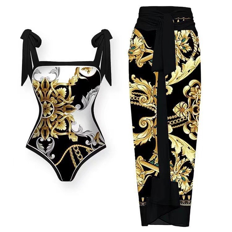 Langqi 2023 European and American printed double-sided beach hot spring swimsuit women's French retro one-piece two-piece bikini set