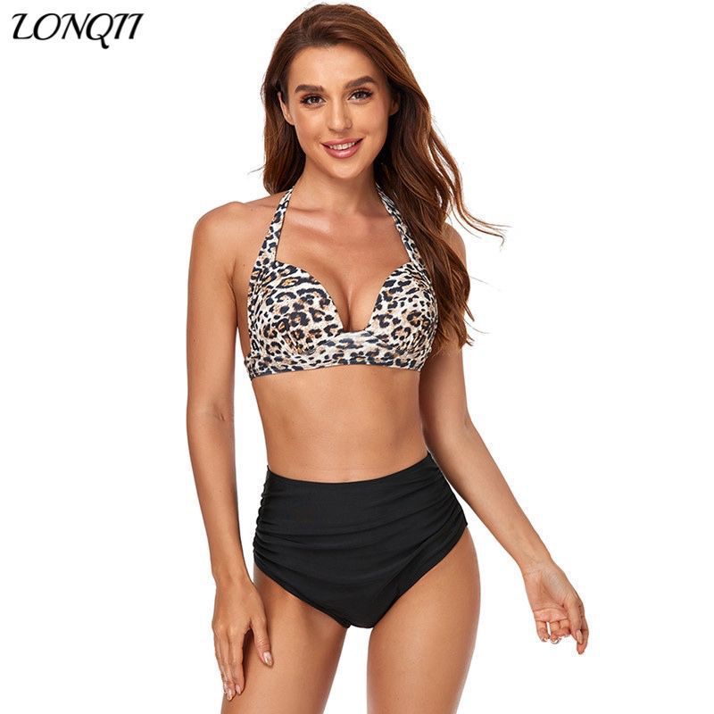 2020 New Swimsuit Colorful Sexy Solid Color Printed High Waist Split Swimsuit Bikin Bikini European and American Swimsuit