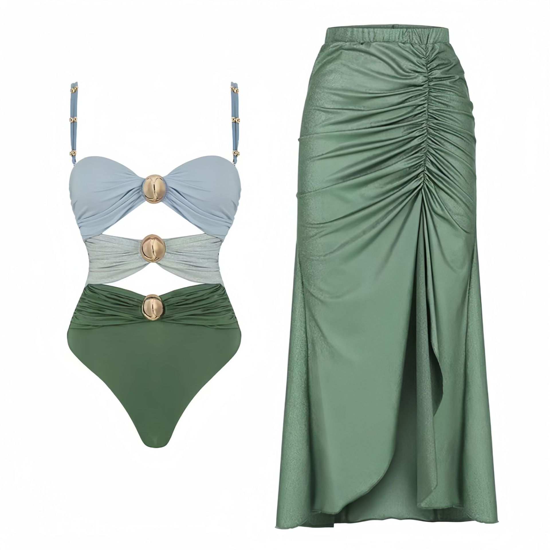2025 European and American foreign trade new bikini AliExpress skirt style swimsuit Amazon solid color splicing one-piece swimsuit for women