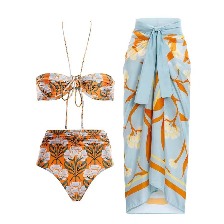 2024 New European and American Printed High Waist Split Swimsuit for Women Amazon Hanging Neck Strap Bikini Yarn Skirt Set