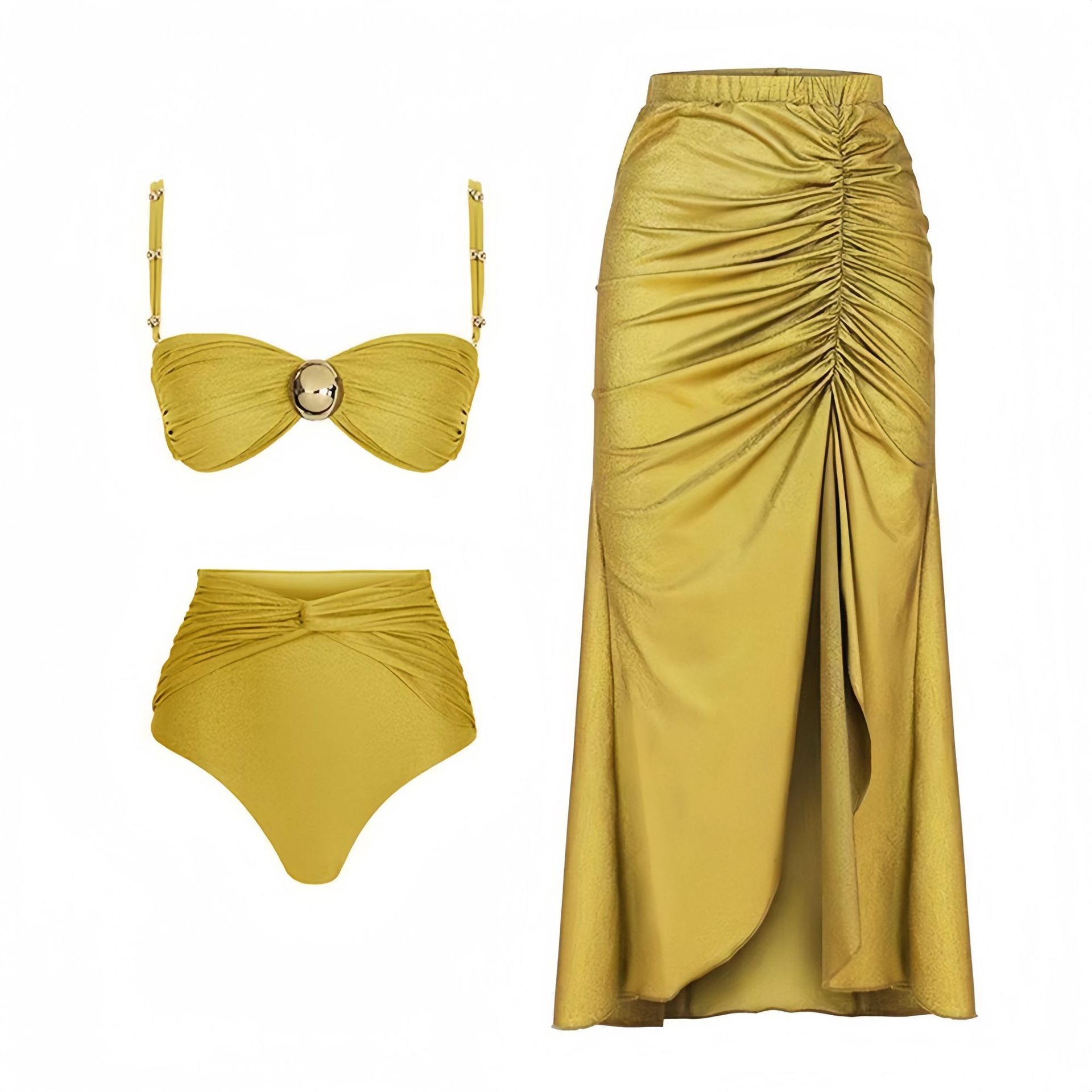 2025 Cross border Bikini Three piece High Waist Split Swimsuit for Women Bohemian Style Solid Color Sexy Women's Swimsuit