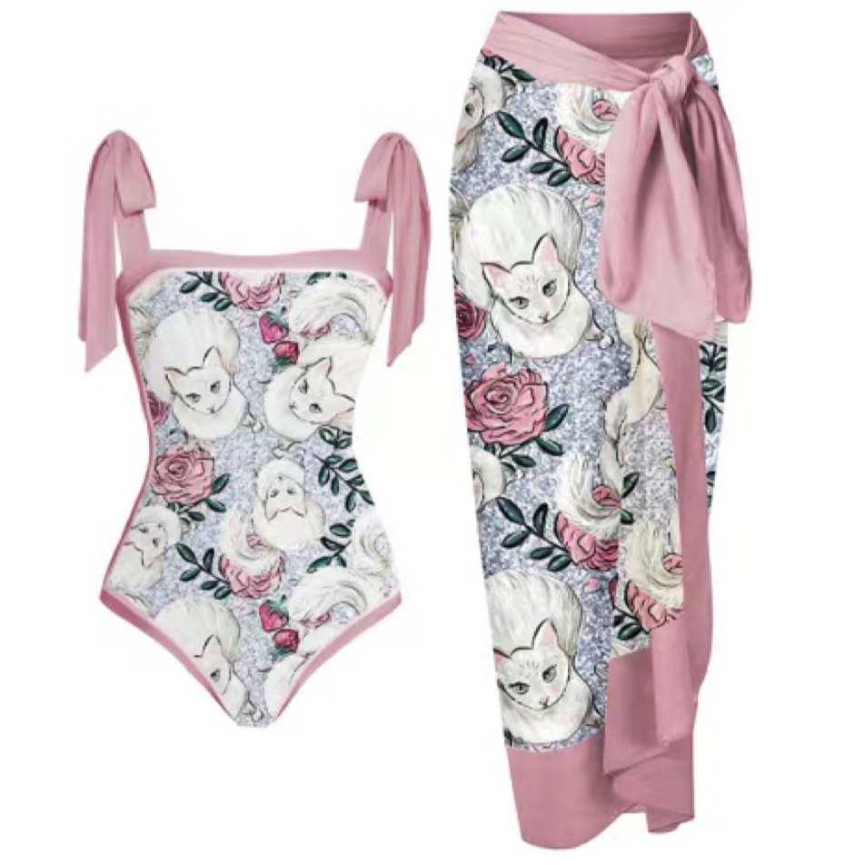 2024 Amazon's new one-piece swimsuit with cat print bag, buttocks gauze skirt, anti glare two-piece set, sun protection swimsuit for women