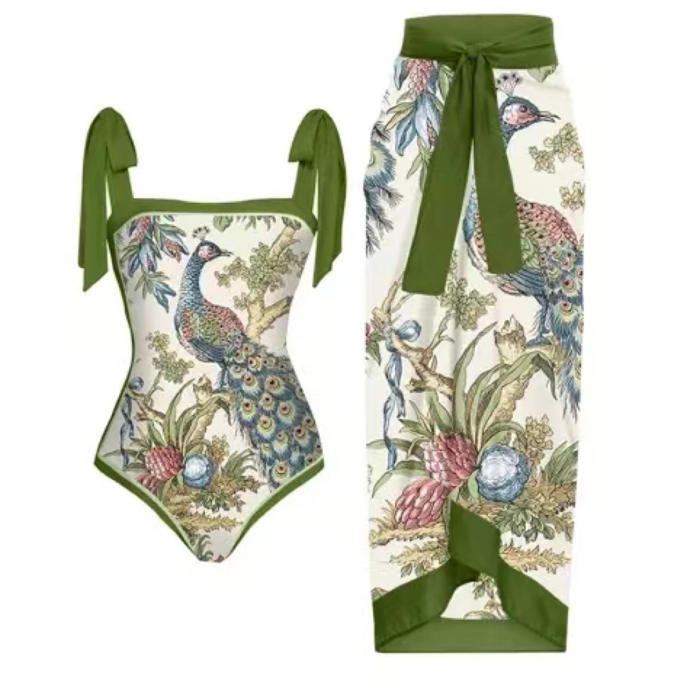 2024 European and American new Amazon AliExpress printed one-piece swimsuit women peacock strap vacation beach bikini