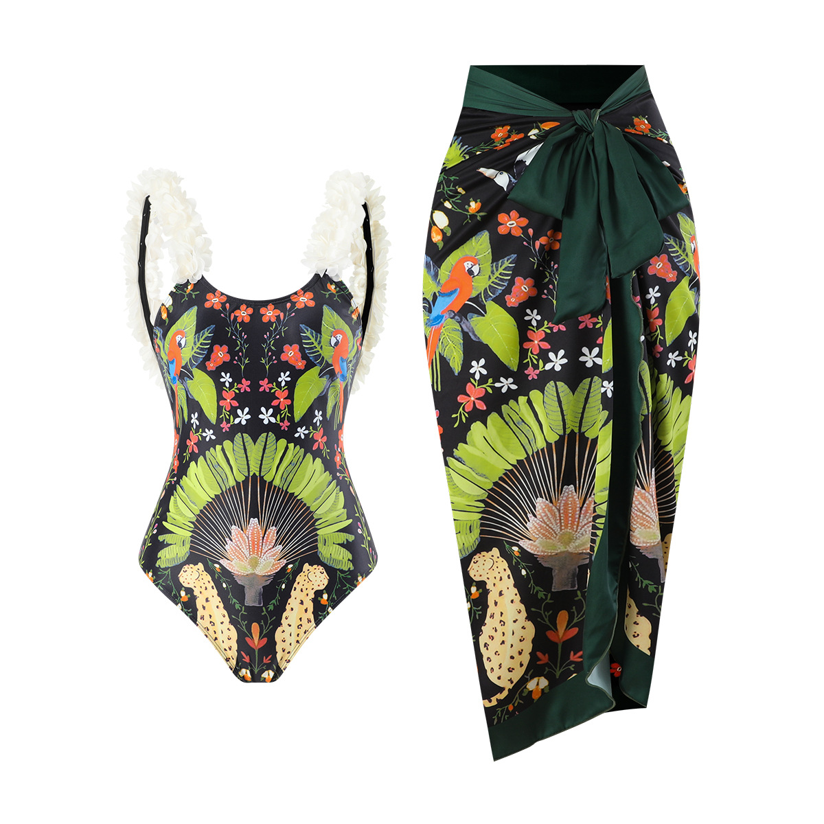 Langqi 2024 French style new one-piece printed skirt conservative swimsuit Amazon foreign trade two-piece women's swimsuit
