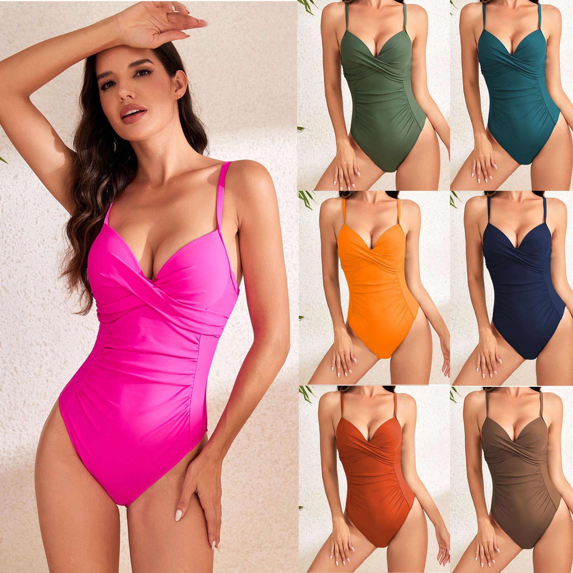 24 new Amazon one-piece swimsuit cross hard bag swimsuit women's high waist pleated solid color hard bag foreign trade swimsuit women