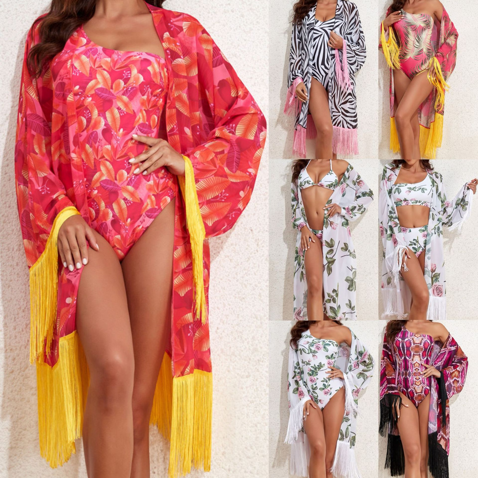 2024 European and American Cross border New Bikini Two Piece Set Amazon Printed Long Sleeve Hoodie jumpsuit Single Shoulder Swimsuit for Women