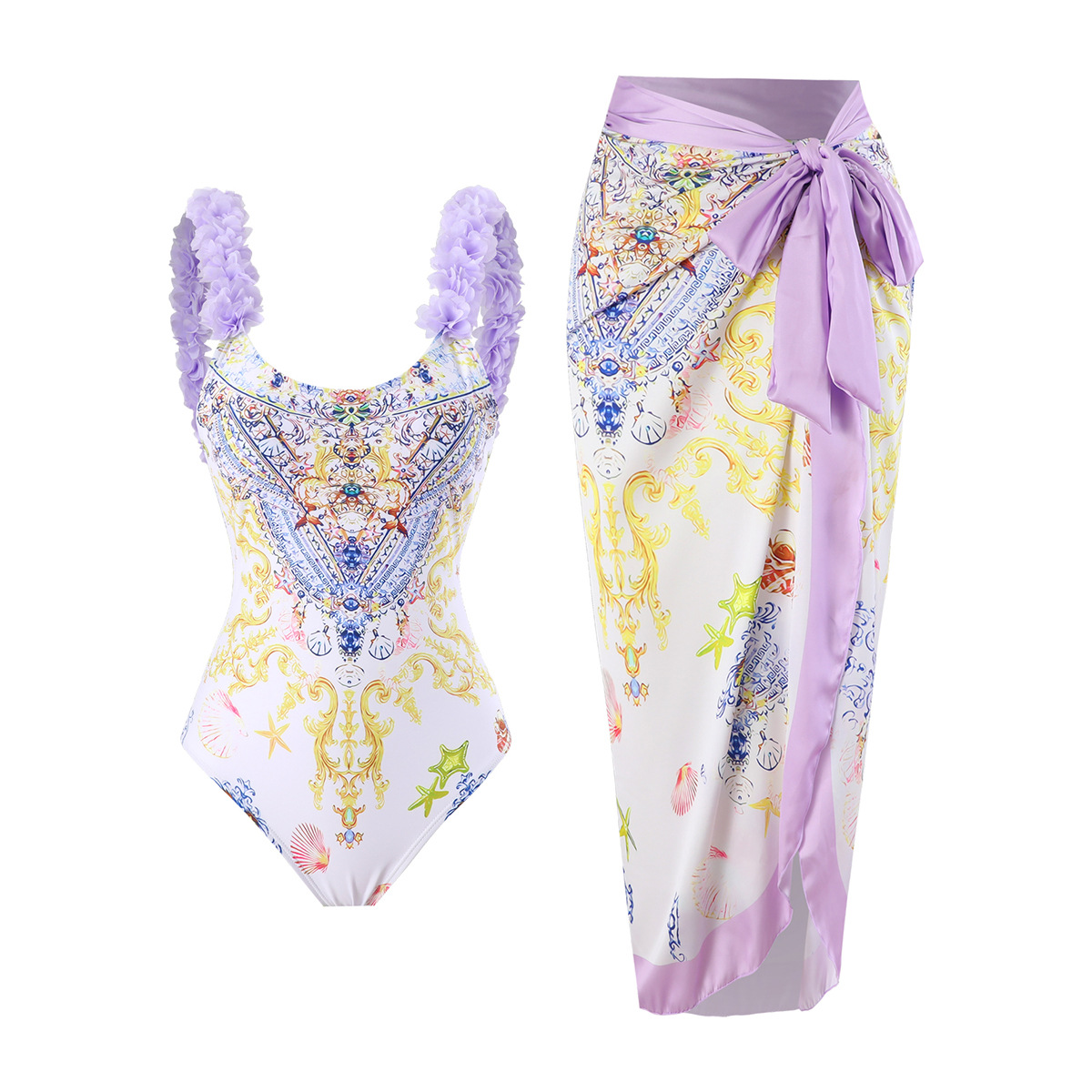 2024 Amazon Independent Station New Customized Printed One piece Swimsuit Fashion Petal Concealed Belly and Bareback Spot Swimsuit