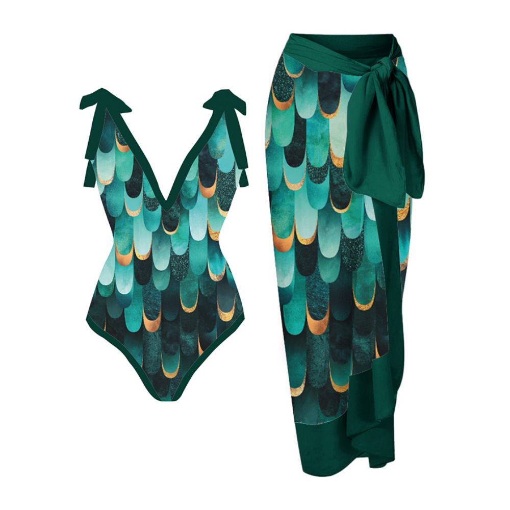 2023 Amazon's new one-piece swimsuit with multi-color printed bag and hip gauze skirt, anti glare two-piece set, sun protection swimsuit for women