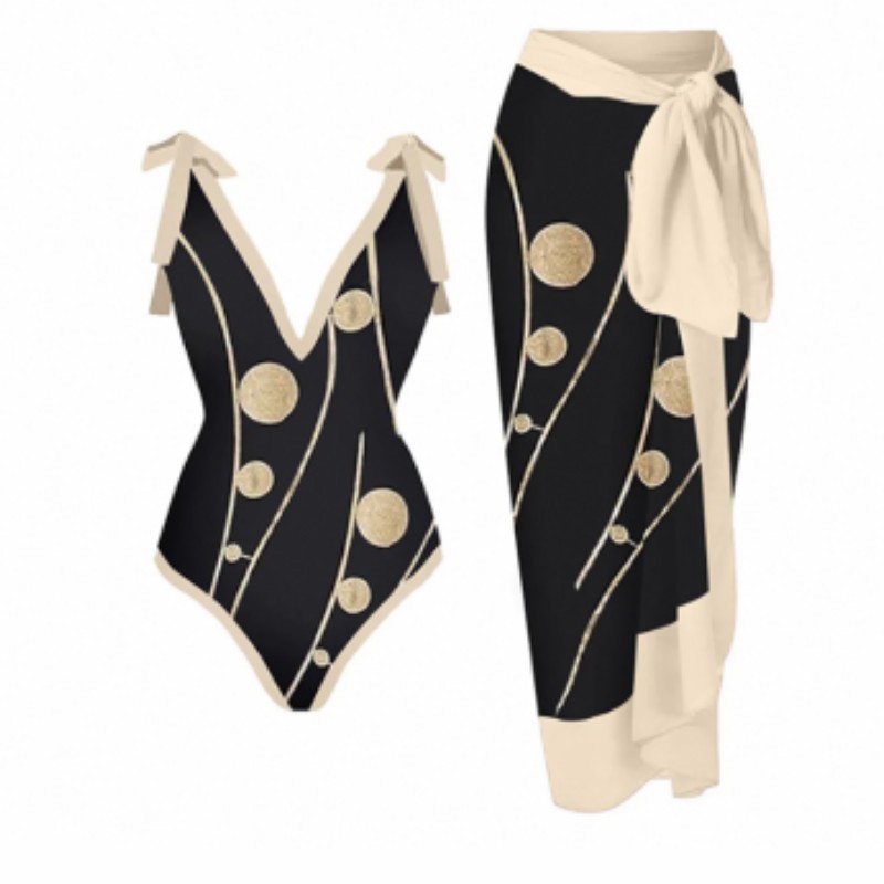 2023 new European and American French retro printed one-piece swimsuit for women's hot spring vacation beach skirt two-piece set swimsuit