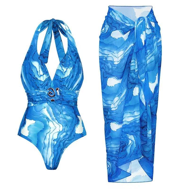 2024 Amazon AliExpress new women's printed swimsuit sexy deep V-strap hanging neck gauze skirt swimsuit in stock