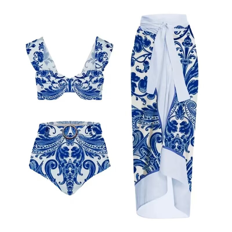 2024 Langqi new women's foreign trade swimsuit Amazon blue and white porcelain printed three piece set split swimsuit for women in stock