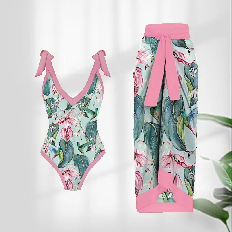2023 European and American foreign trade new one-piece women's swimsuit digital printing French two-piece set yarn skirt conservative swimsuit for women