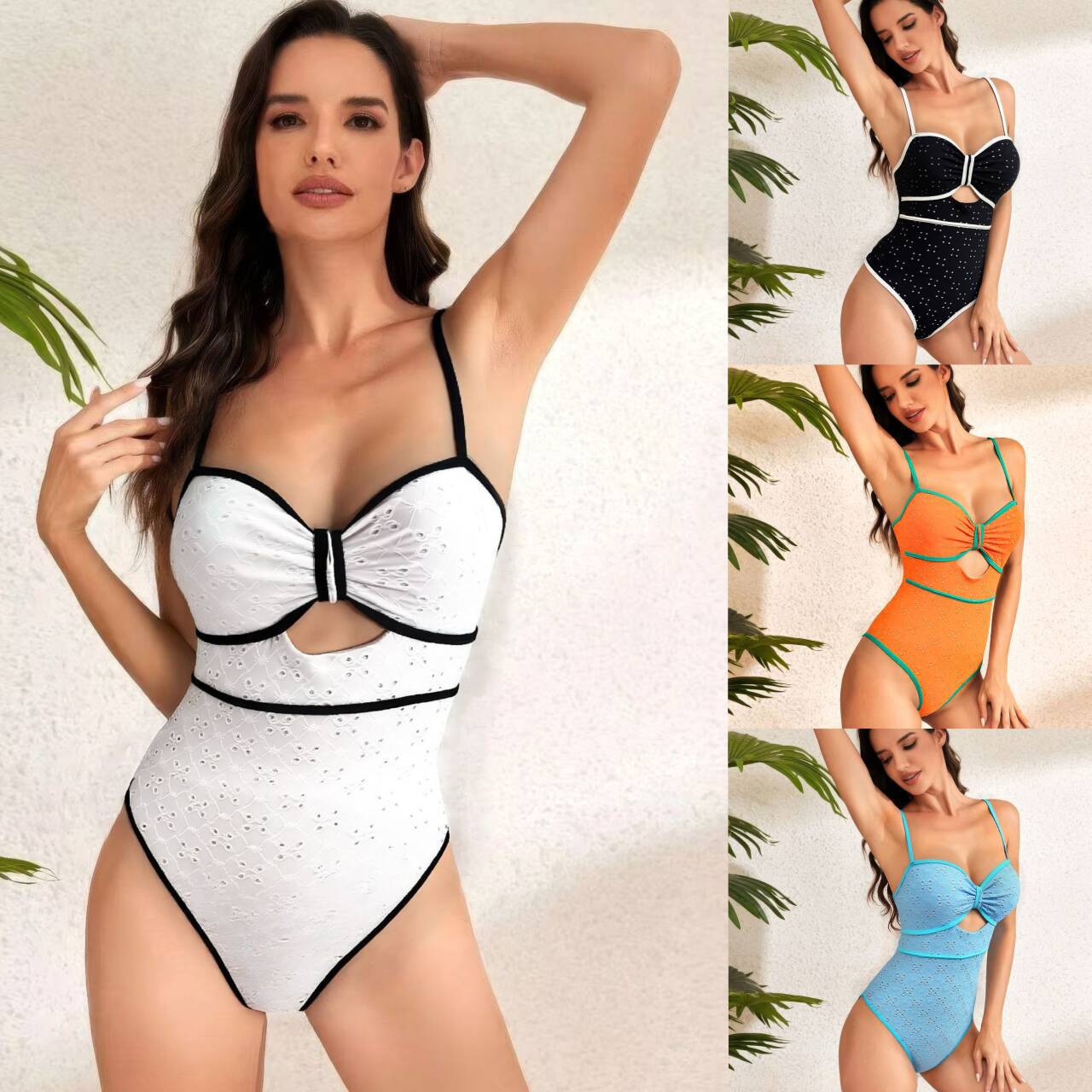 2025 new foreign trade one-piece swimsuit Amazon solid color hollow out cover belly slimming bikini European and American swimsuit in stock