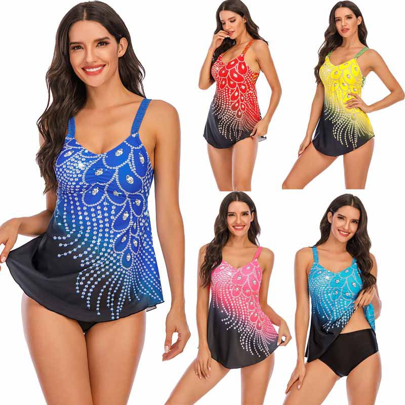 Amazon's new European and American trade bikini strapless printed diamond feather contrasting split size swimsuit for women