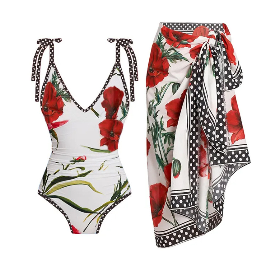 Amazon 2023 European and American two-piece one-piece gauze skirt sunscreen swimsuit polka dot print covers the belly and looks slim swimsuit for women