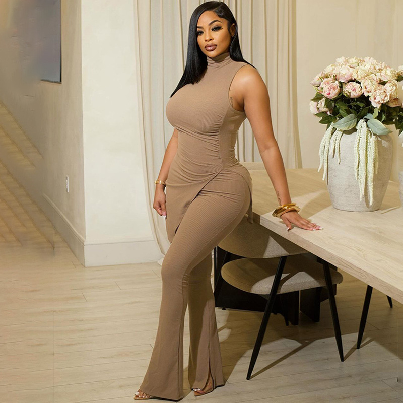 European and American 2025 summer new solid color sleeveless high neck split top slim fit pants fashionable casual two-piece set
