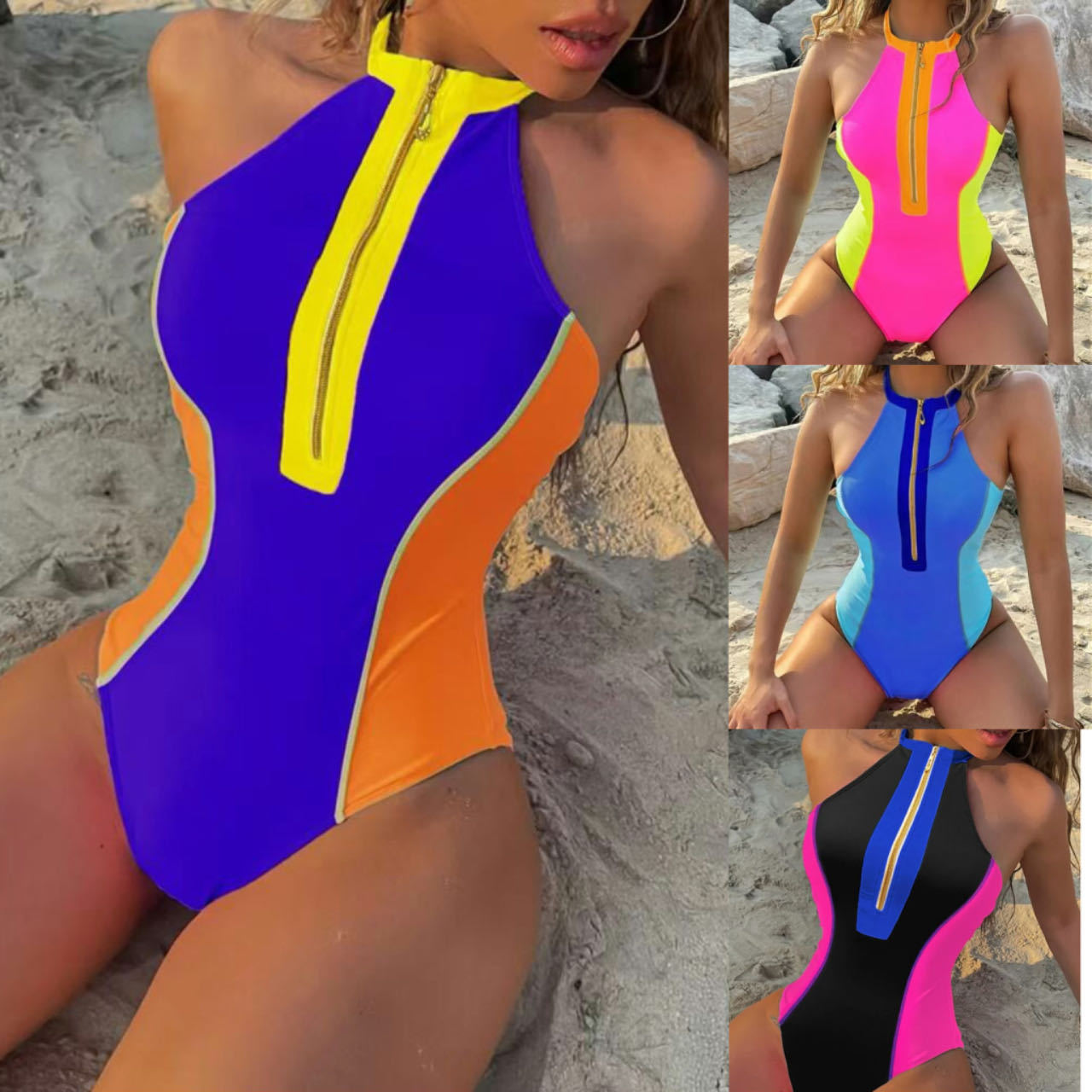 2024 new European and American swimsuit color blocking one-piece bikini Amazon conservative zipper swimsuit women's slim fit bikini