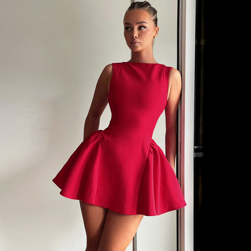 European and American Cross border 2025 Spring New Product Women's Fashion Solid Color Sleeveless Short Skirt Sexy Slimming Bareback Dress for Women