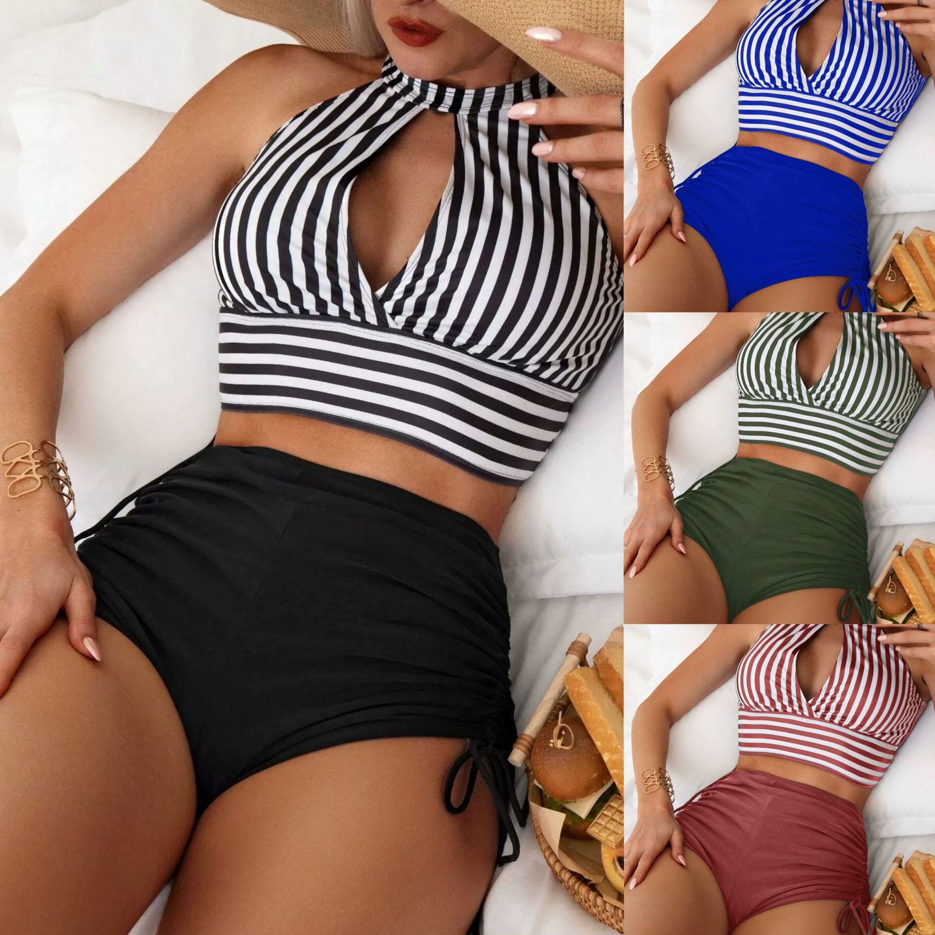 2025 New Split Bikini Striped Shoulder Neck Sexy Cross border Amazon High Waist Cover for Slimming Hot Spring Swimsuit