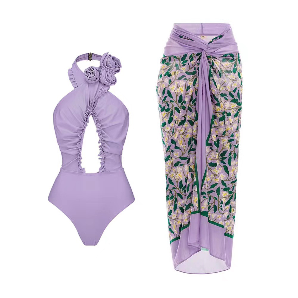 2024 European and American Fashion Integrated 3D Flower Bikini Set Cross border Amazon Sunscreen Beach Skirt Hot Spring Swimsuit