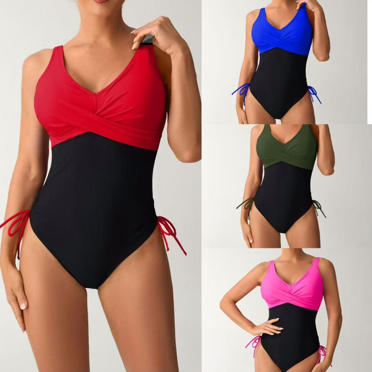 New European and American one-piece swimsuit with color blocking and sexy cross suspender swimsuit for women, Amazon cross-border Amazon bikini