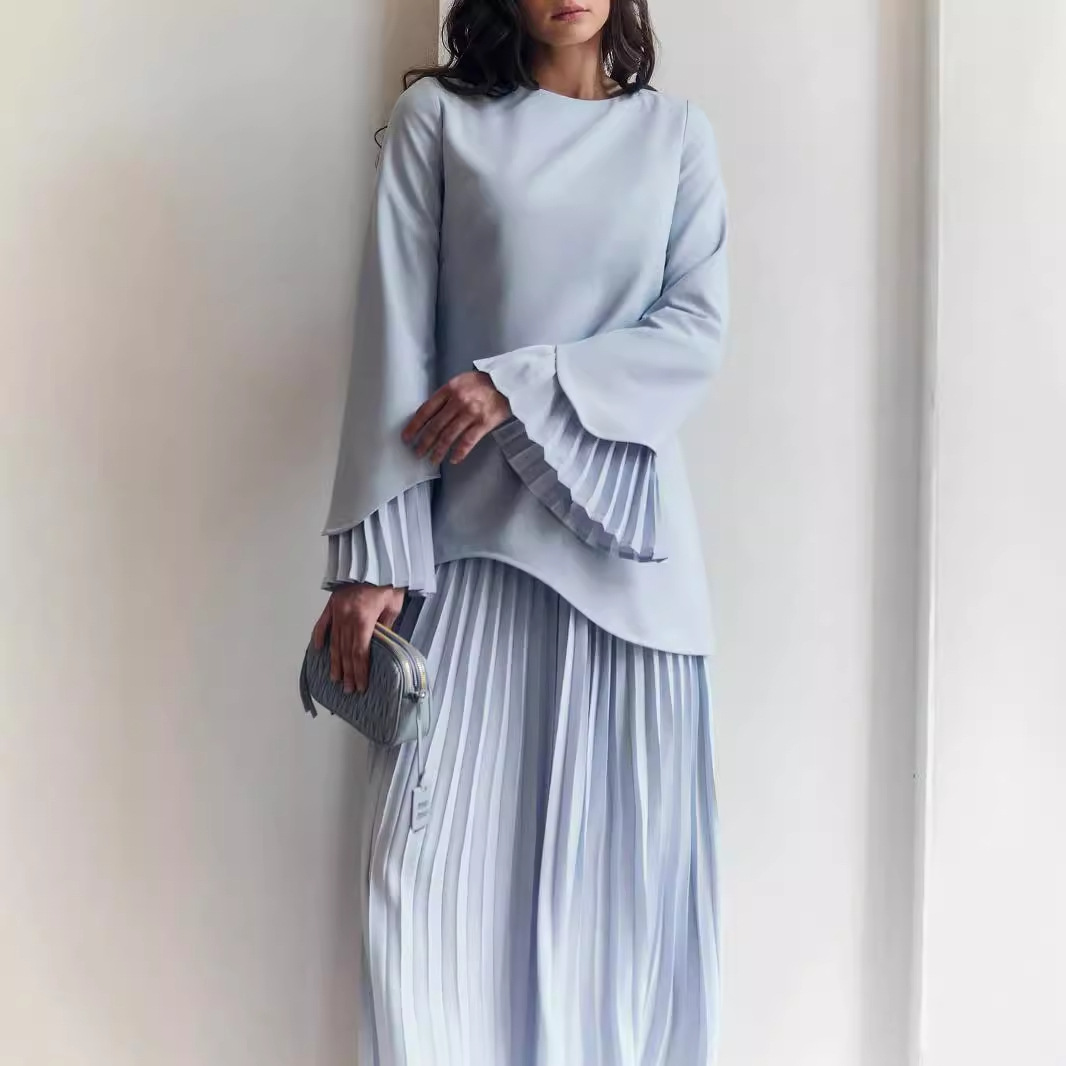 Spot temperament pleated splicing set European and American cross-border women's clothing 2024 new high-end loose French dress