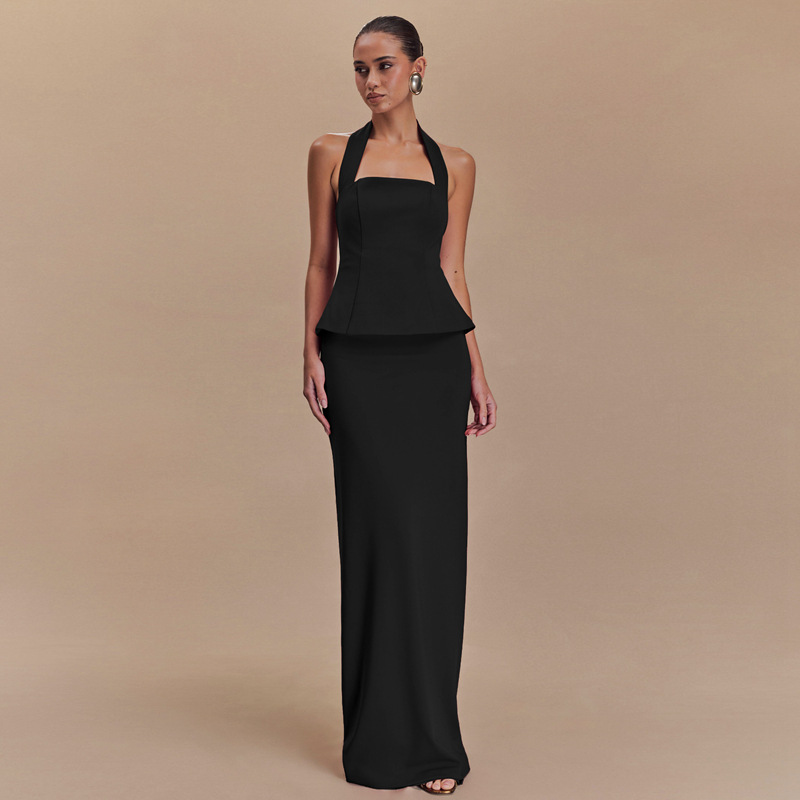 European and American cross-border 2025 spring INS new solid color hanging neck top sexy backless slim fit long skirt two-piece set