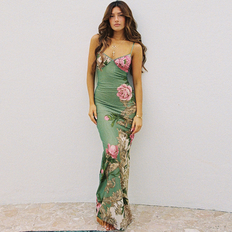 JY23159 camisole V-neck printed sexy slim fit long dress European and American summer vacation style spicy girl backless dress for women