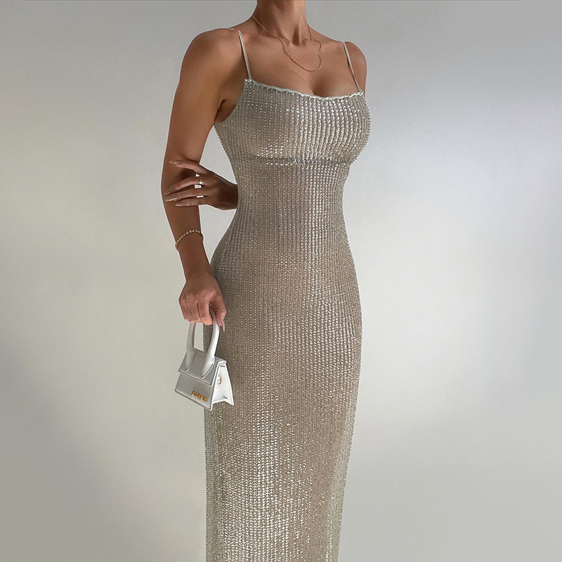JY23394 Strap Bead Glitter Dress for Women 2025 Cross border New Spicy Girl Sexy Long Dress