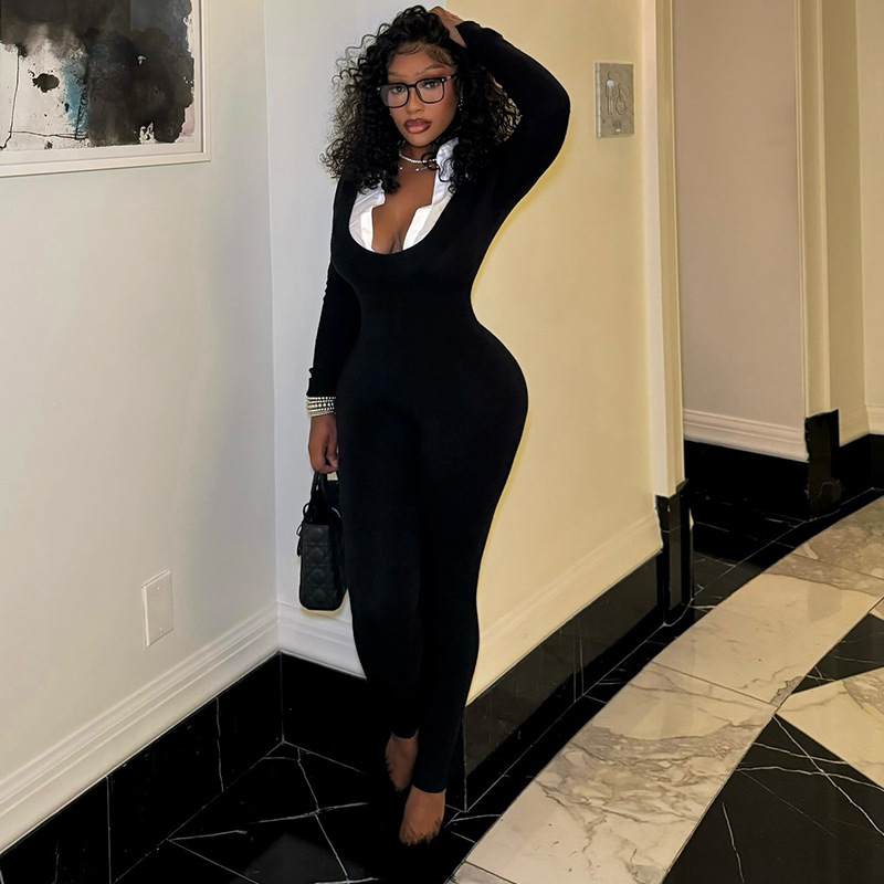 European and American style cross-border elegant women's sexy tight fitting slimming jumpsuit with zipper long sleeved white U-neck jumpsuit