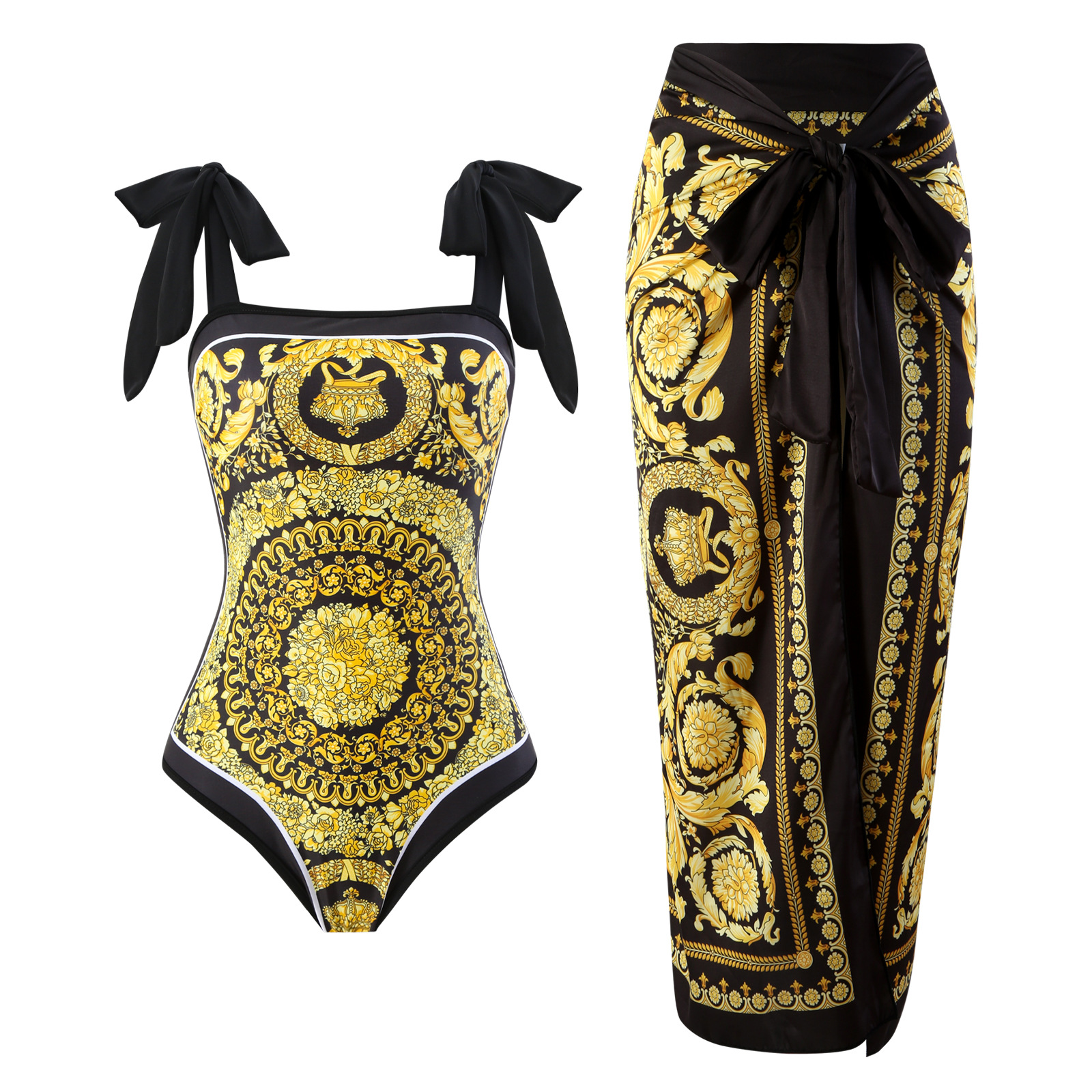 2024 European and American conservative double-sided beach hot spring swimsuit two-piece set French retro one-piece bikini