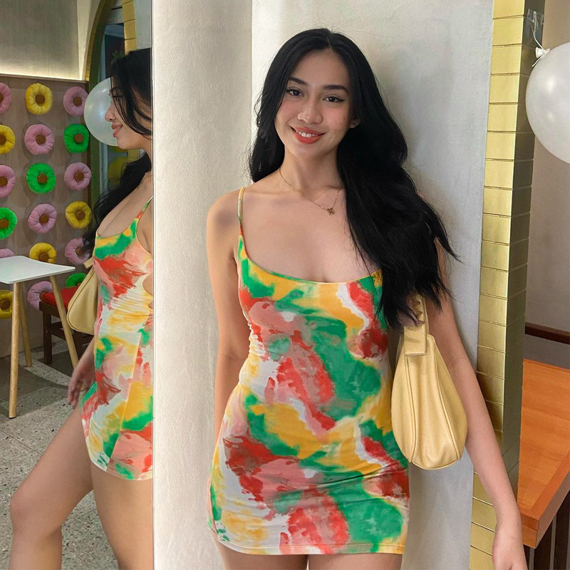 European and American women's clothing foreign trade new style 2025 summer hot selling tie dye short skirt sexy tied rope backless suspender dress for women