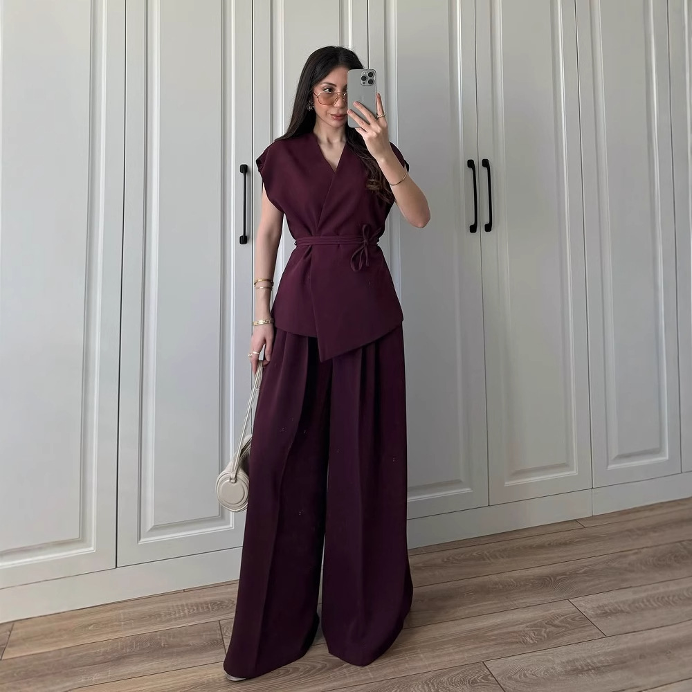 European and American cross-border women's clothing 2025 summer new fashion temperament commuting sleeveless lace up shirt vest pants set