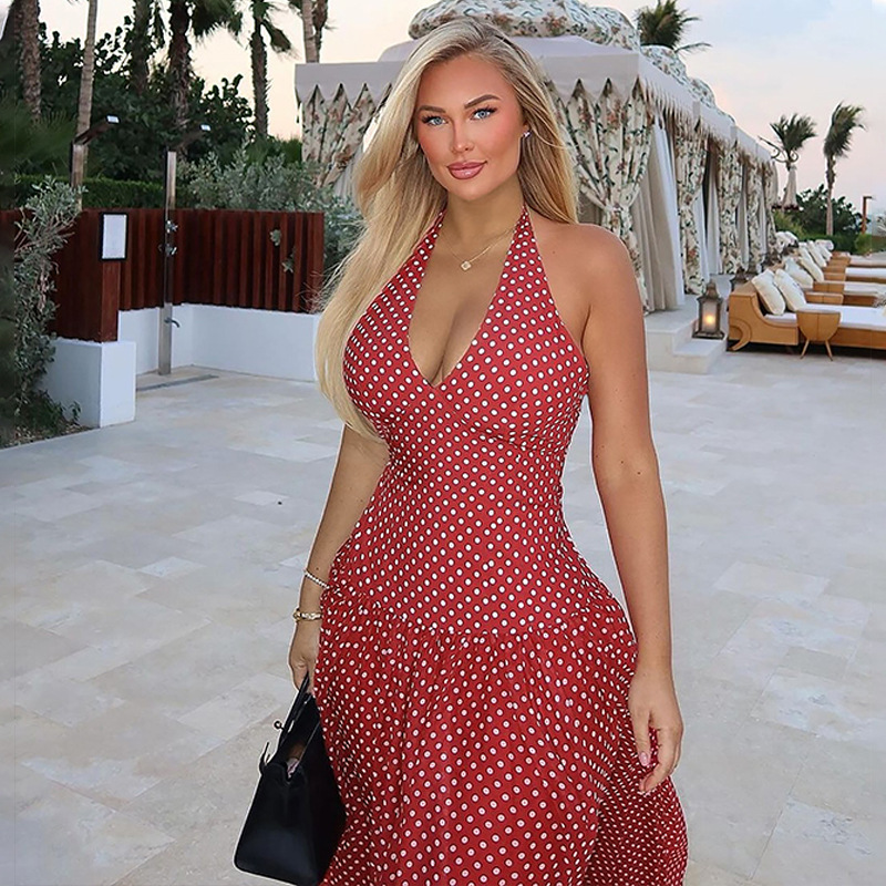 European and American cross-border women's dress 2025 summer new fashion polka dot print large swing skirt V-neck hanging neck dress