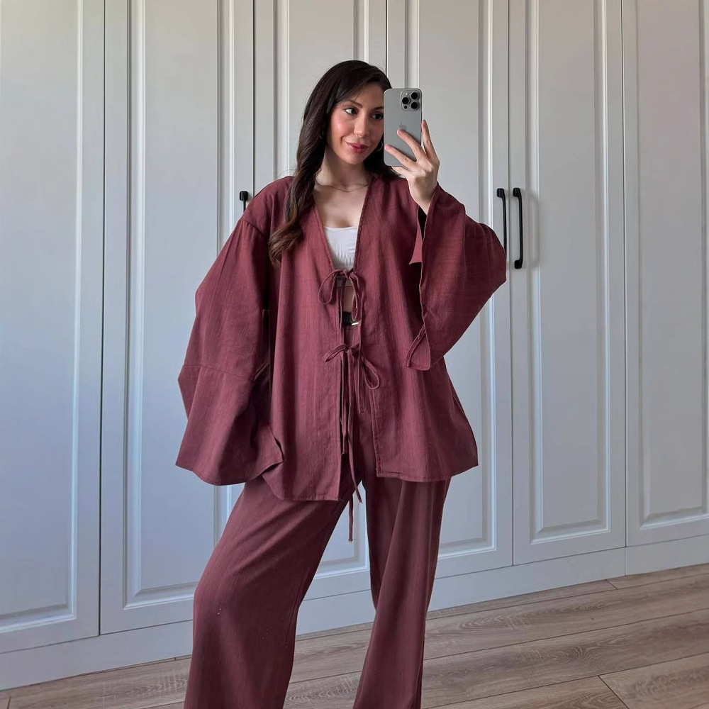 Amazon Women's Wear 2025 New Fashion Loose Large Size Long Sleeve Lace up Shirt, Cardigan, Pants Set in Europe and America