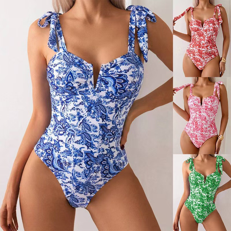 2025 New European and American Foreign Trade Amazon Swimsuit Women's Cross border One piece V-neck Swimsuit Printed Retro Bikini Women