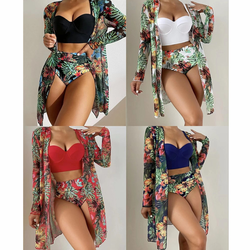 2025 New Cross border European and American Sexy Mesh Long Sleeve Hoodie Bikini 3-Piece Set Amazon Bikini Swimsuit